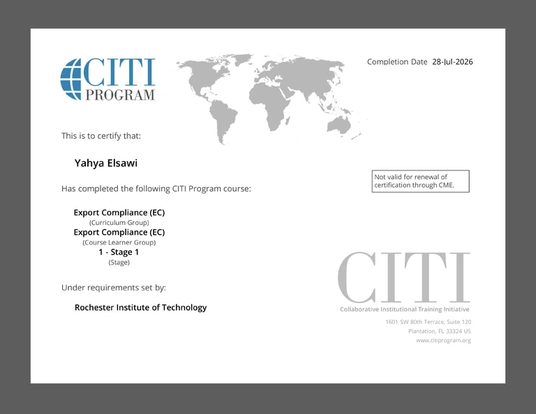 Preview of the CITI Export Compliance certificate