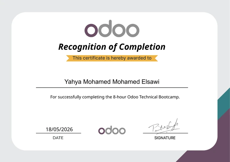 Preview of the Odoo Technical Bootcamp certificate