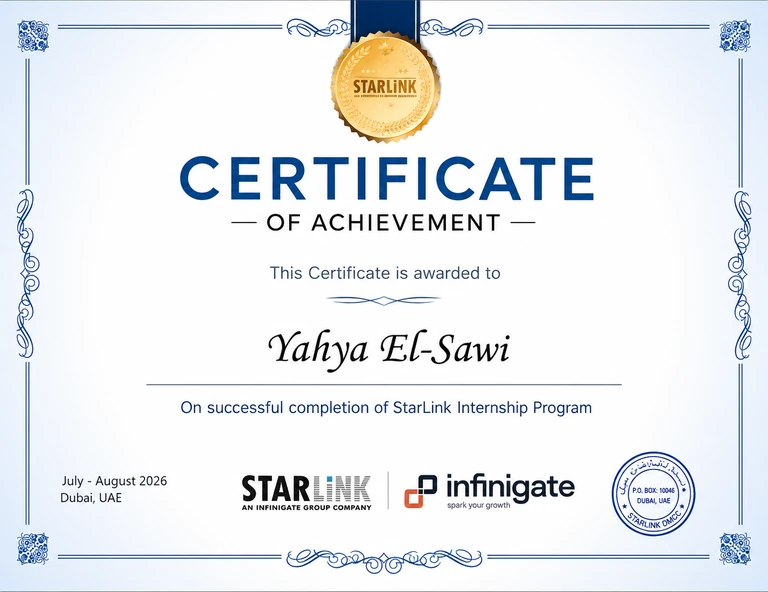 StarLink internship certificate awarded to Yahya El-Sawi