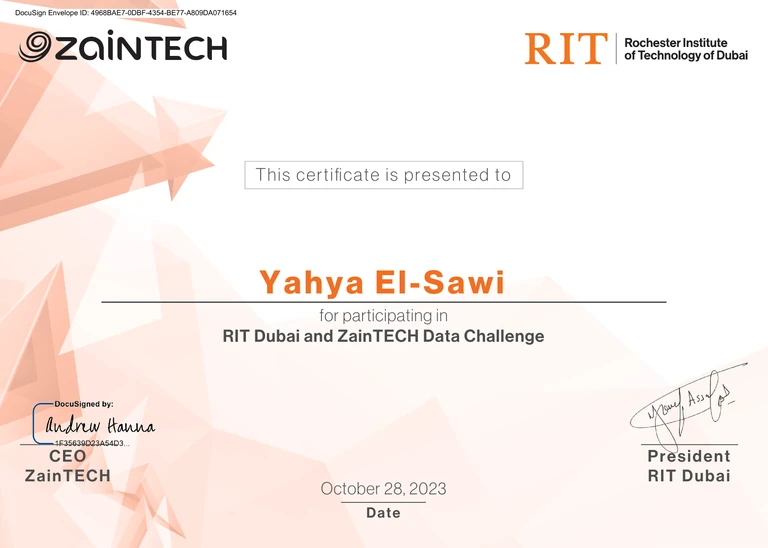 Preview of the RIT Dubai and ZainTECH Data Challenge certificate