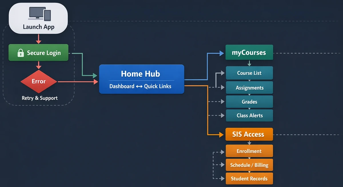 Updated login, home, myCourses, and SIS flows